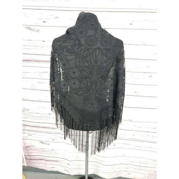 INC International Concepts Black Lace Fringe Floral Evening Shawl Wrap - Picture 8 of 8